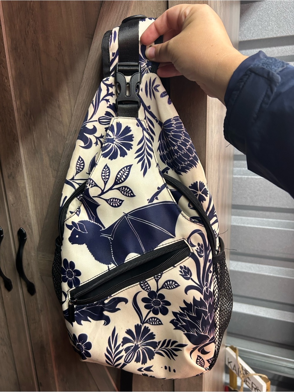 Navy Floral Bat Print Sling Bag - Unbranded